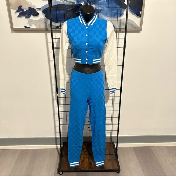 Turquoise Two Piece Knit Varsity Top Jacket High Waisted Knit Leggings Set - Picture 6 of 10